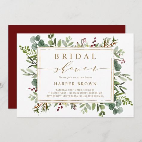 Botanical Greenery Christmas Bridal Shower Invitation Size: 5" x 7". Gender: unisex. Age Group: adult. Material: Matte. Christmas Rehearsal Dinner, Christmas Engagement Party Invitations, Christmas Engagement Party, Christmas Bridal Shower Invitations, Greenery Christmas, Christmas Bridal Showers, Holiday Baby Shower, Rustic Baby Shower Invitations, Christmas Engagement