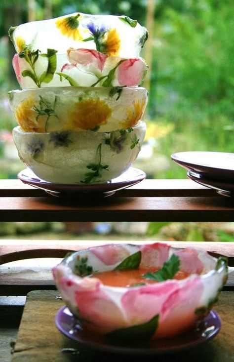 Edible Flowers Recipes, Fruit Soup, Ice Bowl, Floral Ice, Chilled Soup, Flower Ice, Outdoor Cocktail, Flower Food, Gazpacho