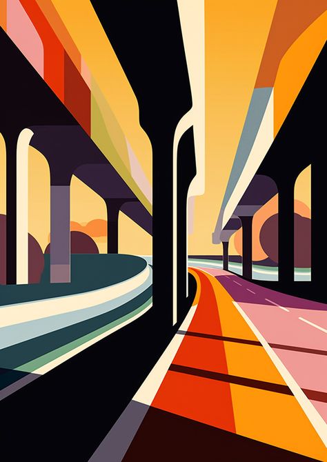 A print scene of a highway at sunset. The sunset glows on the concrete streets. Highway Design, Highway Drawing, Highway Graphic Design, Highway Painting, Street Scene Paintings, Car On Road Painting, Office Wallpaper, Abstract Painting Techniques, Futuristic Art