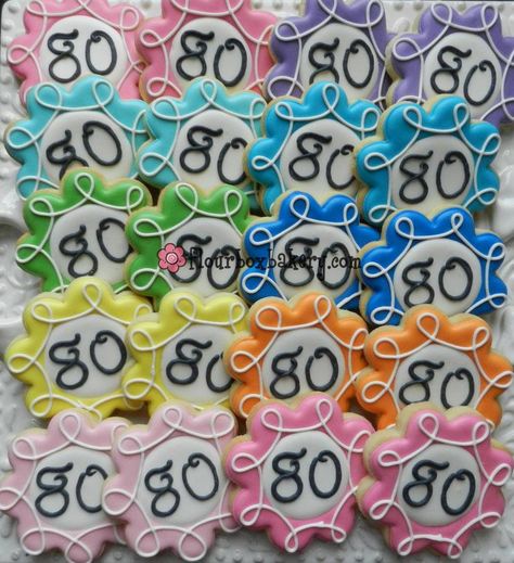 Monogram style 80th birthday flower cookies decorated with royal icing. 45th Birthday Cookies Decorated, 75 Birthday Cookies Decorated, Cookies For 80th Birthday, 80th Birthday Cookies Decorated, 80th Birthday Cookies, Birthday Cookies Decorated, Dot Cookies, Bday Cookies, 80 Birthday