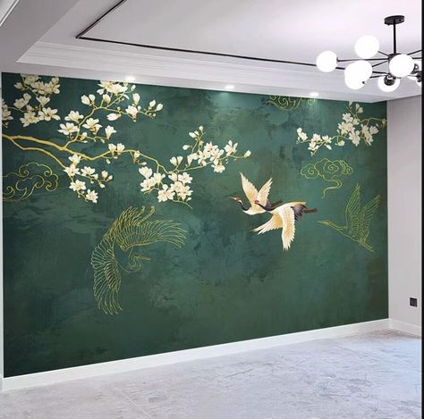 Chinoiserie Hanging Magnolia Branch Flowers Wallpaper Wall Mural, Emerald Green Background Magnolia Flowers and Red-crowned Crane Mural Magnolia Mural, Staircase Mural, Crane Mural, Emerald Green Background, Red Crowned Crane, Crowned Crane, Magnolia Branch, Magnolia Flowers, Magnolia Trees