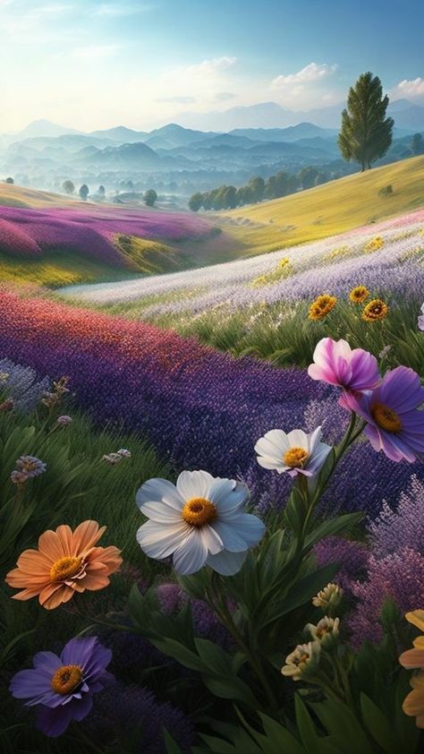 Portrait In Landscape Photography, Stunning Views Nature, Fantasy Flower Field, Field Of Flowers Painting, Flower Field Art, Flower Field Painting, Hyperrealism Art, Fantasy Fields, Fields Of Flowers