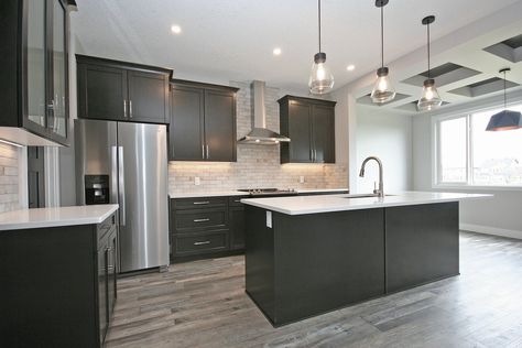 Dark Kitchen Cabinets 2023, Black Cabinet Grey Floor, Grey Wood Floors Kitchen Dark Cabinets, Best Floor Color With Black Cabinets, Black Kitchen Cabinets Gray Floor, Black Kitchen Cabinets Grey Floor, Black Kitchen Cabinets With Vinyl Flooring, Gray Wood Laminate Flooring, Grey Wood Floors Kitchen