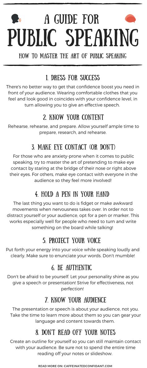 #publicspeaking #infographic #speaking #audience #caffeinatedconfidant #tips #tuesday #career #productivity #teachers #students Speech Tips Public Speaking, Seminar Tips, Public Speaking Topics, Speaking Aesthetic, Good Leadership Skills, Public Speaking Tips, Motivational Speaking, College Life Hacks, Improve Confidence