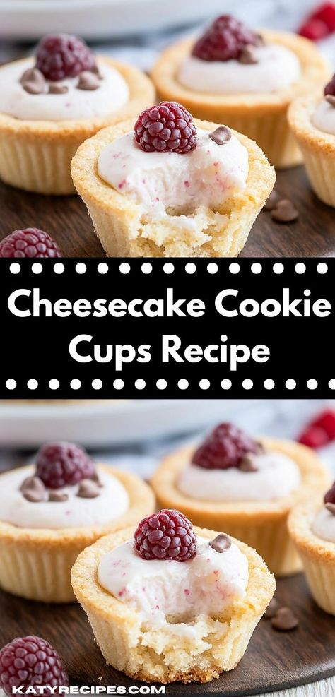 Searching for a fun baking project? These Cheesecake Cookie Cups are not only easy to make but also customizable with your favorite toppings, making them a hit for family gatherings or holiday festivities. Cheesecake Cookie Cups, Cheesecake Cookie, Cookie Cups Recipe, Classic Cookies Recipes, Quick Dessert Recipes, Fun Baking, Bite Size Desserts, Cookie Dough Recipes, Cheesecake Cookies