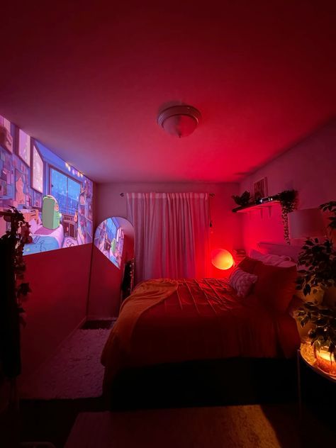 Bedroom Aesthetic Color Palettes, Slanted Ceiling Bedroom Lights, Cozy Bedroom With Projector, Bedroom For Apartments, How To Brighten Room With No Windows, Room With Orange Couch, Modern Cool Bedroom, Cozy Room With Projector, Easy Ways To Spice Up Your Room