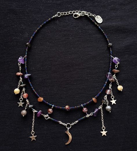 Space Necklace Aesthetic, Space Themed Necklace, Witchy Handmade Jewelry, Space Themed Beaded Necklace, Witchy Beaded Jewelry, Moon Beaded Necklace, Witchy Jewelry Necklaces, Diy Witchy Jewelry, Witchy Jewelry Diy