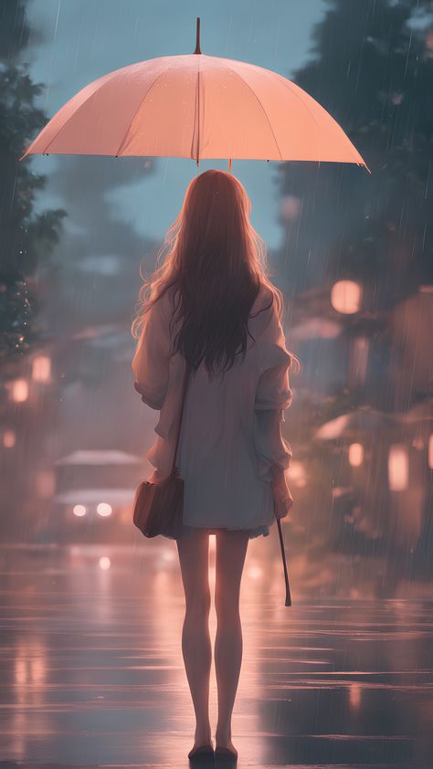 Rain Beautiful Images, Girl Turning Around, Anime From Behind, In The Rain Drawing, Anime In The Rain, Rain Aesthetic Drawing, Girl In Rain Drawing, Girl From Behind Drawing, Girl With Umbrella Drawing