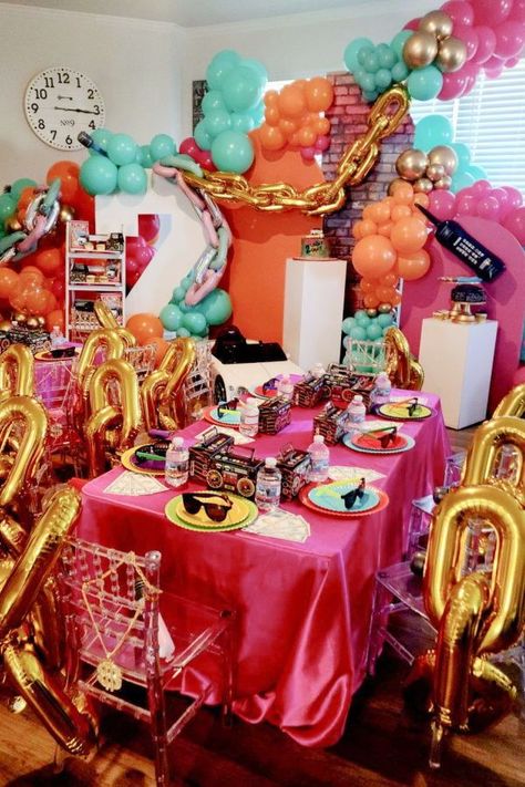 Take a look at this cool 90's themed party! The table settings are incredible!! See more party ideas and share yours at CatchMyParty.com 90th Birthday Parties, 90's Birthday Party, Birthday Party For Teens, Teen Party, Teen Birthday, Retro Party, 90th Birthday, For Your Party, Birthday Party Ideas