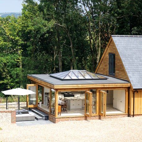 Kitchen To Garden, Orangery Extension Kitchen, Orangery Kitchen, Timber Frame Extension, Dining Room Extension, Extension Veranda, Prime Oak, Flat Roof Design, Oak Framed Extensions