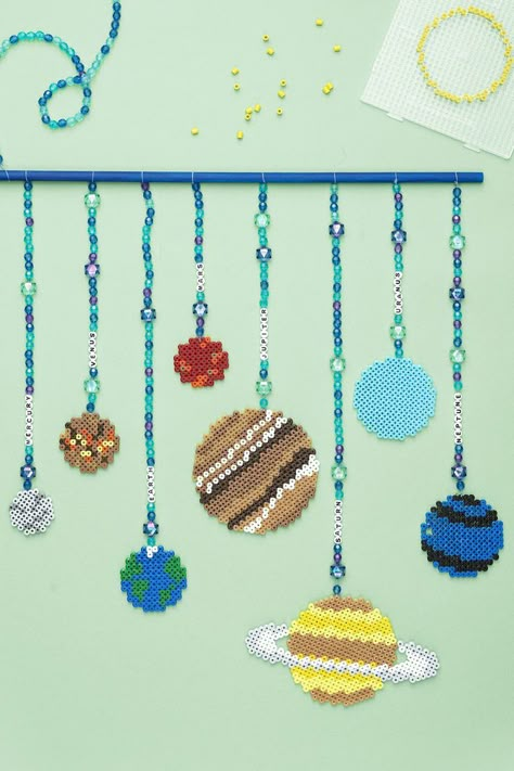 About Planets, All The Planets, Pony Bead Projects, Hamma Beads Ideas, Easy Perler Beads Ideas, 3d Perler Bead, Fuse Bead Patterns, Hama Beads Design, Perler Bead Templates