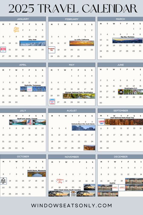 Discover how to maximize your vacation days in 2025 with this travel calendar! Get tips and itineraries designed to help you make the most of every trip, plus a FREE downloadable calendar to help plan your adventures. Bucket List Trips, Vacation Calendar, Downloadable Calendar, Itinerary Design, Travel Calendar, Vision Quest, Window Seats, Badlands National Park, National Park Road Trip