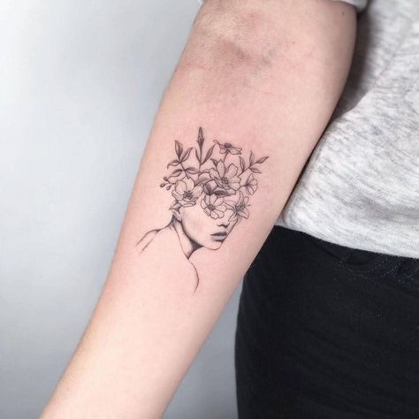 Flowers Head Tattoo, Floral Woman Tattoo, Empowering Tattoos, K Tattoo, Self Love Tattoo, Boho Tattoos, Woman Tattoo, Head Tattoo, Upper Arm Tattoos