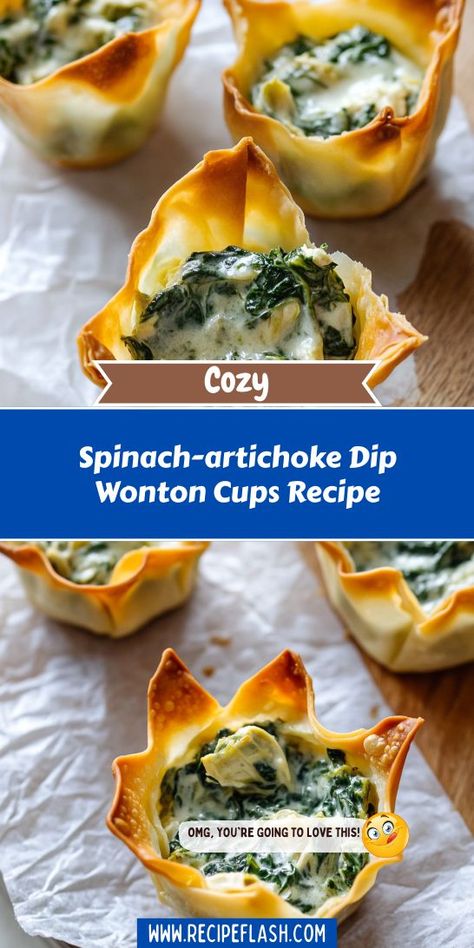 Looking for a crowd-pleasing appetizer that's both delicious and easy to make? This Spinach-Artichoke Dip Wonton Cups Recipe is the perfect solution! Impress your guests with these delightful bites. Be sure to save this recipe for your next gathering! Spinach Wonton Cups, Appetizer Recipes With Wonton Wrappers, Veggie Cups With Dip, Spinach Artichoke Appetizer, Wonton Filling Recipes, Spinach Artichoke Cups, Fine Dining Appetizers, Wonton Cups Appetizers, Artichoke Appetizer