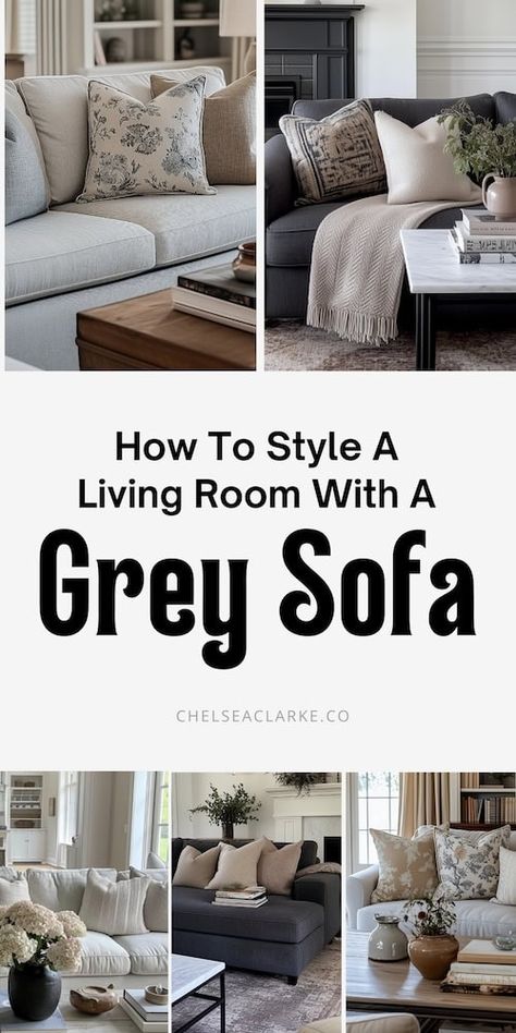 If you have a grey sofa in your living room, you're in luck because styling around a grey couch is actually very doable! Grey couches blend with so many interior design styles and color palettes - we will show you how to make your grey sofa work. Whether you have a dark charcoal grey sofa or a light grey one, there are a few tricks to make it look its best. Take a look at this ultimate guide to grey couch living rooms. Designers weigh in on what kinds of colors and decor suit a grey sofa best. Grey Couch With White Pillows, Living Room Ideas With Light Grey Couch, Styling A Grey Sectional, Small Living Room Decor Gray Couch, Tv Stand Grey Living Room, Grey Chenille Sofa Living Room, Light Grey Chaise Sofa Living Room, Carpet To Go With Grey Sofa, Tv Room Grey Couch