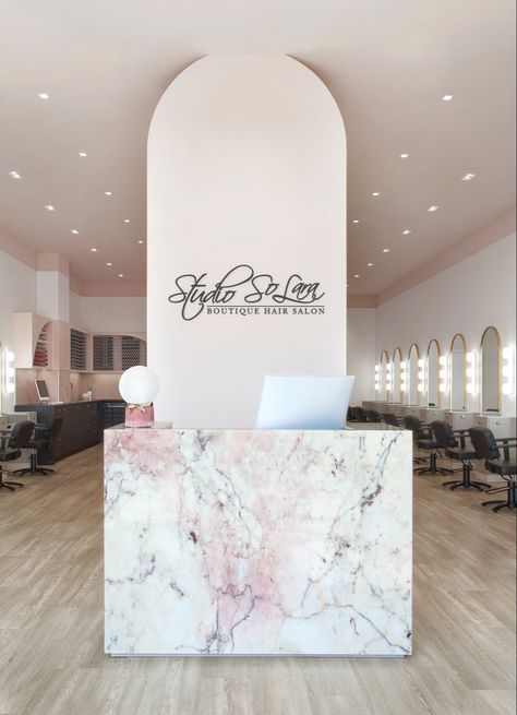 Pink-veined marble-clad custom cash wrap in salon reception area. Nail Salon Minimalist Interior, Reception For Salon, Minimalist Beauty Salon Decor, Beauty Salon Minimalist Design, Minimalist Nail Salon Interior Design, Nail Salon Reception Area, Salon Reception Ideas, Beauty Lounge Ideas, Nail Salon Decor Ideas Interior Design