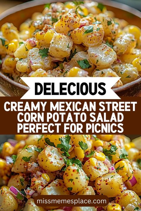 Dive into summer with our Creamy Mexican Street Corn Potato Salad, a perfect side dish for your picnics! This recipe combines the deliciousness of traditional potato salad with the bold flavors of elote. Featuring crisp corn, creamy potatoes, zesty lime, and fresh cilantro, it’s a colorful and flavorful addition to any meal. Easy to make and ideal for sharing, this salad is sure to impress friends and family at your next outdoor gathering! Creamy Mexican Street Corn, Corn Potato Salad, Traditional Potato Salad, Mexican Potatoes, Creamy Potatoes, Healthy Vegetable Recipes, Potato Salad Recipe, Mexican Street Corn, Street Corn