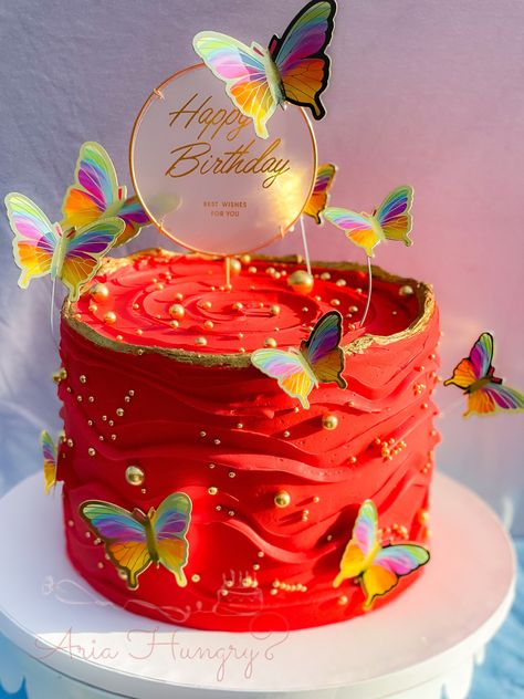 Red Butterfly Cake, Red Theme Cake, Red And Gold Birthday Cake, Red And Gold Cake, Gold Butterfly Cake, Red Buttercream, Butterfly Theme Cake, Happy Birthday Flower Cake, Red Birthday Cakes