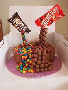 My first attempt at gravity defying cake! I followed the youtube tutorial by MyCupcakeAddiction and the photo provided for me. Malteser Cake, Anti Gravity Cake, Torte Creative, Gravity Defying Cake, Dessert Original, Gravity Cake, Cake Piping, Torte Cupcake, Candy Cakes