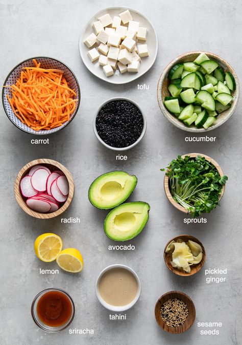 Deconstructed Sushi Bowl, Dynamite Sauce, Vegan Sushi Bowl, Deconstructed Sushi, Vegan Sushi Rolls, Sushi Bowl Recipe, Sushi Bowls, Sushi Ingredients, Veggie Sushi