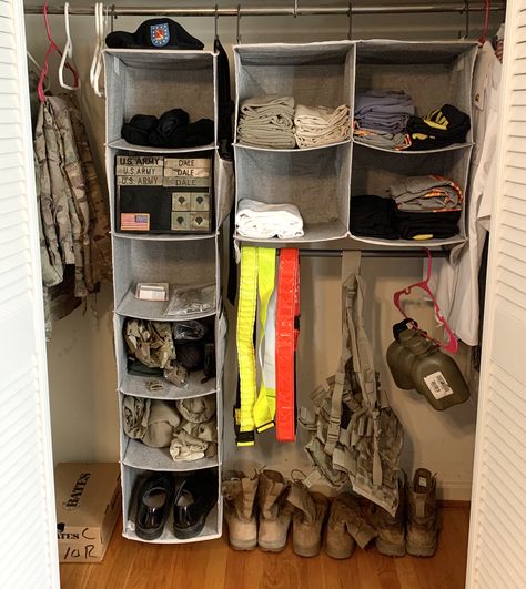 I bought a couple of the Better Homes and Gardens closet organizers at Walmart and used them to completely simplify our Army closet! We also took out all of the ruck gear and rarely used items and put those in plastic storage bins in the garage to free up more space in our office - which is where the Army closet is. Prepper Closet, Army Office Decor, Army Gear Organization, Hunting Gear Storage Closet, Police Gear Storage Closet, Hunting Gear Storage Bedroom, Army Barracks Room Decor, Hunting Gear Closet, Military Room Ideas