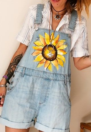 Reworked Sunflower Vintage Dungarees / Overalls | Adorned | ASOS Marketplace Vintage Dungarees, Dungarees Women, Painted Overalls, Sunflower Outfit, Sunflower Vintage, Painted Clothes Diy, Senior Overalls, Cute Overalls, Cottagecore Outfits