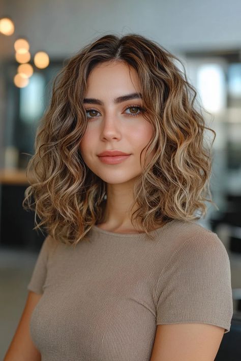 Partial Pintura Highlights Curly, Hair Colour For Summer Skin Tone, Medium Length Haircut Natural Curls, Light Brown Hair With Highlights Honey, Curly Hair 2025 Trends, Balayage Wavy Hair Natural Curls, 2025 Curly Hair Trends, Relaxed Curly Hair, Shoulder Length Naturally Curly Hair