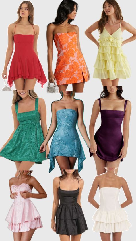 homecoming or hoco short dress semi formal dress ideas every color ( red orange yellow green blue purple pink black dress ) Semi Formal Dress Ideas, Hoco Short Dress, Pink Black Dress, Dress Semi Formal, Black And Pink Dress, Semi Formal Dress, Semi Formal Dresses, Green Blue Purple, Red Orange Yellow