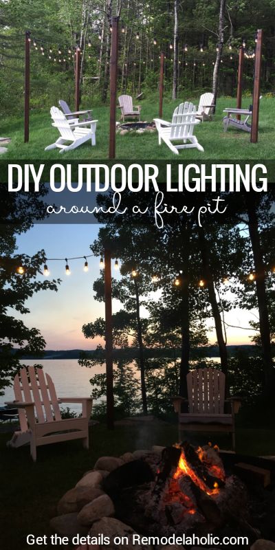 Remodelaholic | Easy DIY Outdoor Lighting Around a Fire Pit Outdoor Fire Pit Diy, Diy Outdoor Patio Ideas, Fire Pit Video, Diy Outdoor Patio, Outside Fire Pits, Fire Pit Lighting, Backyard Sanctuary, Diy Outdoor Lighting, Kayak Storage