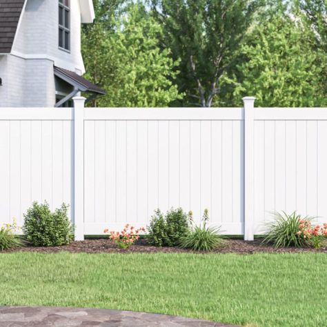 Vinyl fence full privacy section 8FT high X 6FT wide white. Uses 1-3/4 x 5-1/2 rails with 7/8-in x 6-in tongue and groove pickets. Works with pre-routed 5x5 posts: line (search model # VFPLP512HW), end (search model # VFPEP512HW), corner (VFPCP512HW). Coordinating gate available in 4-ft (search model # VGP84W). Fence panel kit - assembly required. Capital Railing 8-ft H x 6-ft W White Vinyl Fence Panel | VFP86W White Wood Fence, Cheap Privacy Fence, Picket Gate, White Vinyl Fence, Privacy Fencing, Vinyl Fence Panels, Solar Post Caps, Cypress Wood, Privacy Fences