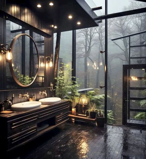 Dark Modern House, Dream House In The Woods, Black Bathroom Decor, Gray Bathroom Decor, Dark Modern, Wooden Bed Design, Dark House, Bad Inspiration, Dark Home Decor