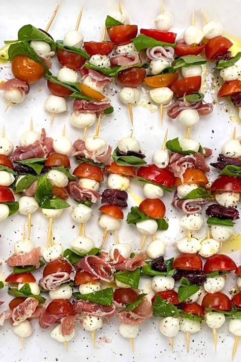 Picky Appetizers Parties Food, Caprese Skewers With Prosciutto, Night Before Party Food, Small Plates Appetizers, Fruit Salad Skewers, Mini Antipasto Skewers, Finger Foods For Adults, Kabob Appetizers For Party, Spring Tea Party Food Ideas