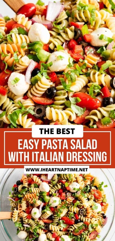 Filled with tender pasta and crisp colorful veggies, this flavorful and easy pasta salad with Italian dressing is a zesty must-have for any potluck! No Pasta Salad Recipes, Tricolor Pasta Salad Italian Dressing, Pasta Salad Recipes With Italian Dressing Olive Gardens, Pasta Salad With Italian Dressing Cold, Salads With Italian Dressing, Italian Rotini Pasta Salad, Pasta Pepperoni Salad, Tri Colored Pasta Salad Italian, Italian Dressing Pasta Salad Recipes