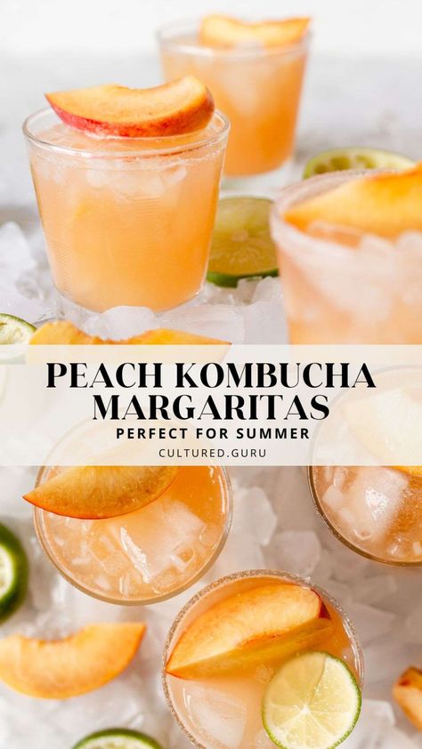 Learn how to make the most refreshing peach margaritas with kombucha, perfect for any hot summer day! This simple and fresh kombucha margarita only requires five ingredients and ten minutes to make. Kombucha pairs perfectly with lime juice in these margs for a healthier summer cocktail option. Healthy Mixed Drinks, Peach Kombucha, Peach Margaritas, Vegan Latte, Kombucha Recipes, Make Kombucha, Vegan Drinks Recipes, Peach Margarita, Fermented Drinks