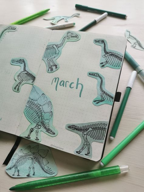 Green cutout dino skeletons Dinosaur Bullet Journal, Green Bujo, Dinosaur Journal, Bullet Journal 2020, Bullet Journal 2019, Bujo Ideas, Bullet Journal Themes, Dinosaur Theme, Green Theme