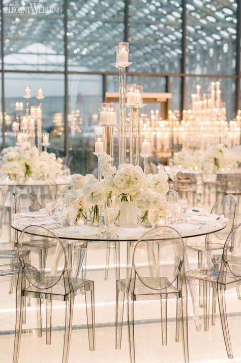 A Beautiful White Wedding | ElegantWedding.ca White Wedding Centerpieces, White Wedding Decorations, White Centerpiece, Tafel Decor, White Wedding Theme, All White Wedding, Wedding Decor Elegant, Classy Wedding, Glamorous Wedding