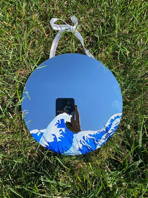 Mirror Painting Aesthetic, Painting On Mirror, Hand Painted Mirror, Wave Mirror, Hand Painted Mirrors, Room Decor Gifts, Painted Mirror, Retro Mirror, Mirror Inspiration