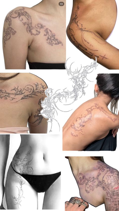 Beautiful Tattoo Placement, Wrap Around Torso Tattoo, White Ink Back Tattoo Women, Chest Tatoos Woman, Tummy Tattoos For Women, Thigh Tattoos Women Wrap Around, Torso Tattoos For Women, Cybersigilism Stomach Tattoo, Aggrogoth Tattoo Back