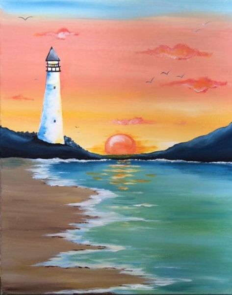 40 Beautiful Sunset Acrylic Painting Ideas For Beginners - Hobby Lesson Art Plage, Seni Pastel, Lighthouse Painting, Easy Canvas Painting, Simple Acrylic Paintings, Lukisan Cat Air, Arte Inspo, Night Painting, Sunset Painting