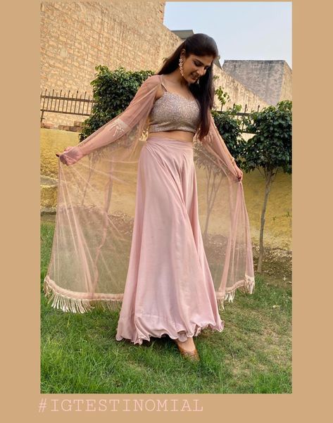 Crop Top Plazo With Shrug, Plazo With Shrug, Sarara Kurti, Crop Top Outfits Indian, Top And Plazo, Blush Outfit, Long Shrug, Indian Outfits Lehenga, Dresses Traditional