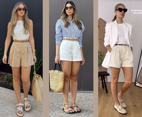 Navy Bermuda Shorts Outfit, Beige Shorts Outfits Women, White Bermuda Shorts Outfit, Beige Shorts Outfit, Outfit Trabajo, Bermuda Shorts Outfit, Mum Style, Money Clothing, Nude Shorts