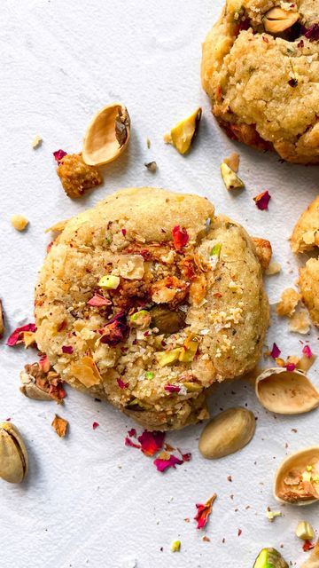 Deepika | Food Photography on Instagram: "BROWN BUTTER BAKLAVA SUGAR COOKIES. Baklava is one of those desserts that are super addictive, once you have one, you want to keep going! This rolled filo pastry desserts are a Middle Eastern specialty that are typically filled with pistachios, assorted nuts, drenched in butter and are glazed in a honey or rose simple syrup. My aunt gifted me a huge box of (what I think are the best) baklava from @shatilabakery. I gobbled so many right away but still had more baklava. As I was packing some away, I thought to myself wouldn’t it be interesting to add this delicious crunchy, nutty, honey dessert into a cookie? The brown butter in the sugar cookie dough complements the nuttiness of the baklava and a touch of rose water adds a floral dimension. Chopped Rose And Pistachio Cookies, Baklava Cookies Recipe, Baklava Cookies, Rose Simple Syrup, Filo Pastry Dessert, Baklava Dessert, Colorful Cookies, Honey Dessert, Rose Simple