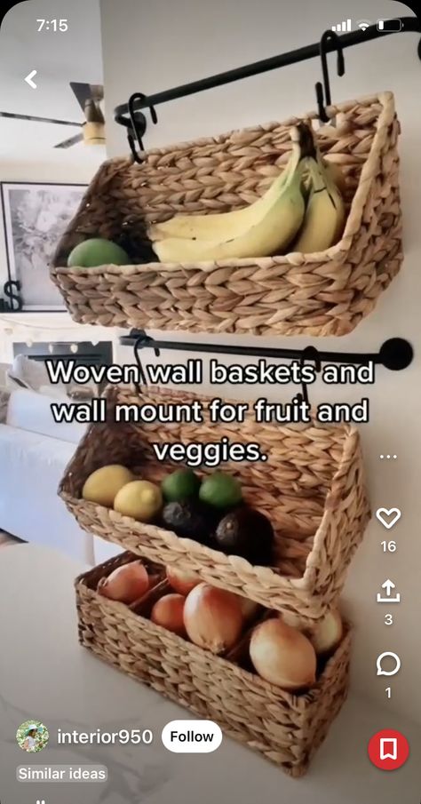 Fruit Basket Ideas, Basket On Wall, Mahogany Kitchen, Woven Wall Baskets, Basket Ideas, Baskets On Wall, Fruit Basket, Kitchen Style, Fruits And Veggies