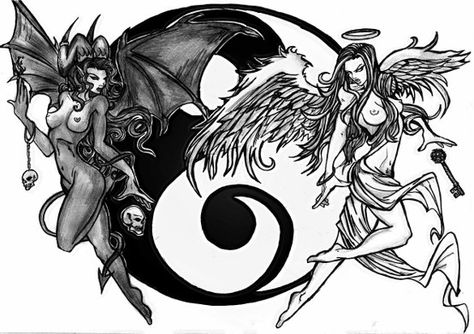 . Angel Demon Tattoo, Ying Yang Tattoo, Yin Yang Art, Yin Yang Tattoos, Demon Tattoo, Angel Tattoo Designs, Angel Drawing, Sketch Tattoo Design, Ange Demon