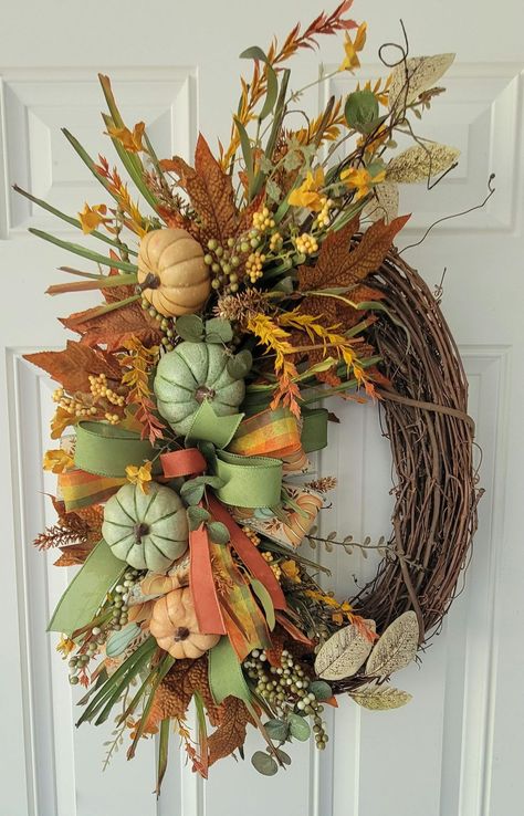 Oval Grapevine Fall Wreaths, Fall Color Decor Living Rooms, Fall Grapevine Wreath Ideas, Candlestick Arrangements, Unique Fall Wreath, October Decor, Elegant Fall Wreaths, Fall Door Decor, Fall Decor Wreaths