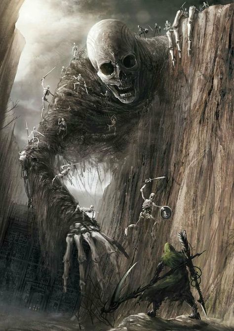 Art Sinistre, Giant Skeleton, Art Noir, Heroic Fantasy, Giant Monsters, 다크 판타지, Fantasy Monster, Creepy Art, Arte Fantasy