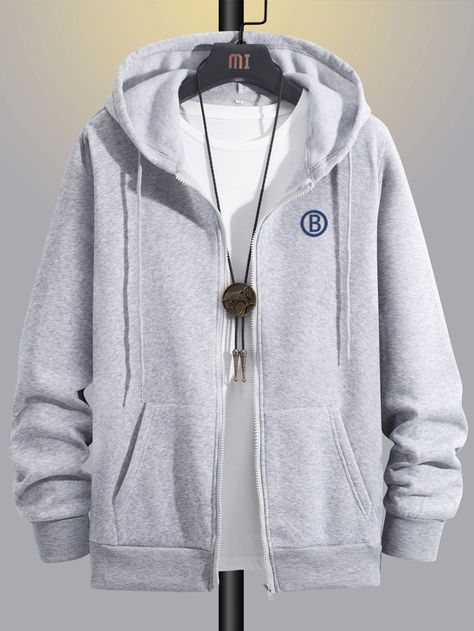 Light Grey Casual Collar Long Sleeve Fabric Letter Zip Up Embellished Slight Stretch Spring/Fall Men Hoodies & Sweatshirts Clothing Store Displays, Men Sweatshirts, Hype Clothing, Dressy Casual Outfits, Men Hoodies, Baggy Clothes, Lined Hoodie, Fashion Suits For Men, Sweatshirt Zipper