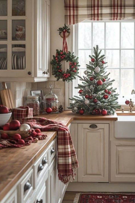 Small Christmas Tree In Kitchen, Decorate Hutch For Christmas, Cozy Cottage Christmas Tree, Christmas Kitchen Window Ideas, Rustic Kitchen Christmas Decor, Christmas Shelf Decor Ideas Kitchen, Cottage Christmas Decor Ideas, Kitchen Bar Christmas Decor, Hutch Christmas Decor