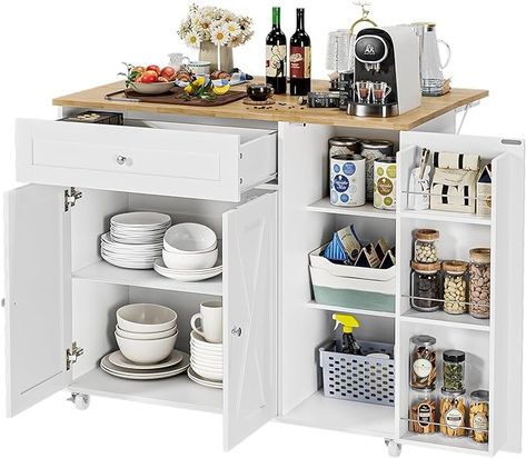 Amazon.com: BOTLOG Kitchen Island with Storage, Island Table on Wheels with Drop Leaf, Spice Rack, Drawer, Towel Rack, Rolling Kitchen Island Cart for Dinning Room, White 15.7-27.55" D x 47.63" W x 35.43" H : Home & Kitchen Spice Rack Drawer, Kitchen Island With Storage, Island With Storage, Storage Island, Table On Wheels, Kitchen Island Trolley, Mobile Kitchen Island, Rolling Kitchen Cart, Island Cart