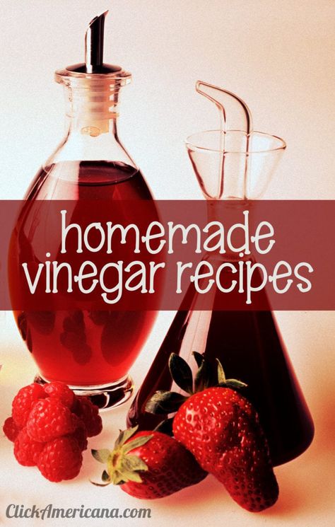 How to make DIY vinegar: Recipes for 16 flavored homemade vinegars, including raspberry, strawberry, tarragon & celery (1910s) - Click Americana Infused Oil Recipes, Homemade Vinegar, Diy Vinegar, How To Make Vinegar, Chic Food, Strawberry Vinegar, Vinegar Recipes, Herbal Vinegar, Balsamic Vinegar Recipes